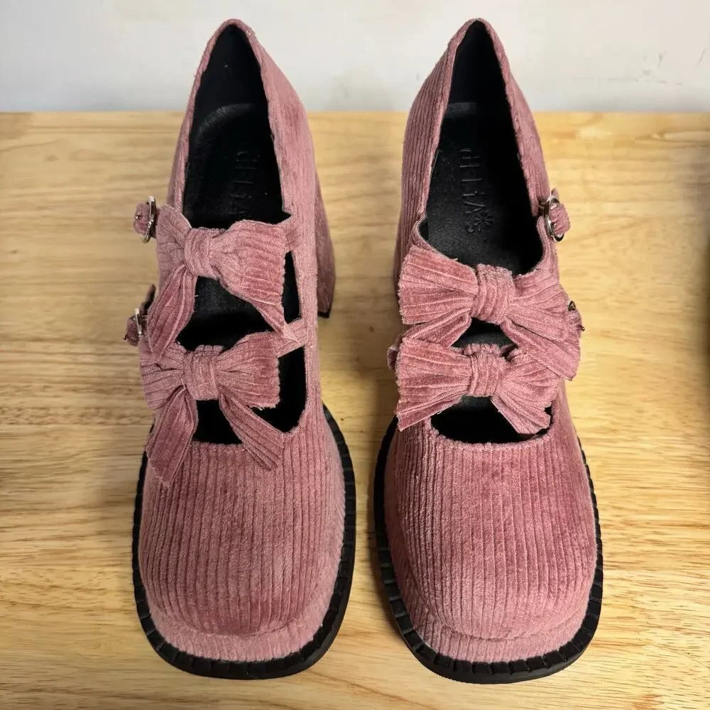 NWOB Dolls Kill Delia’s ROMANTIC TYPE MARY JANES Pink Corduroy Chunky Y2K Size 9